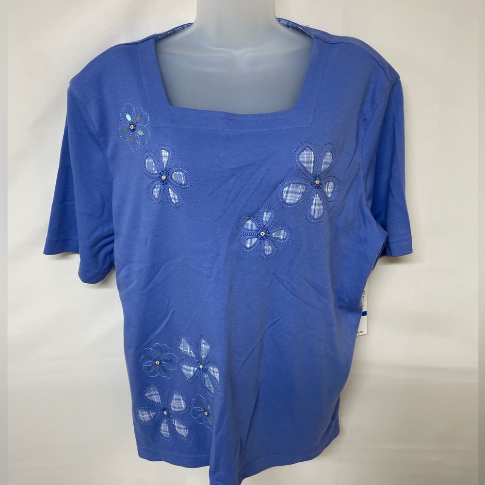 Alfred Dunner Sweater Women's XL Blue Floral Accents Top Shoulder Pads